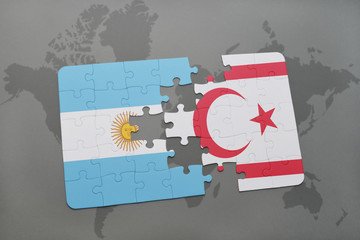 puzzle with the national flag of argentina and northern cyprus on a world map