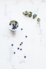 Blueberry yogurt with muesli and eucalyptus branch on white background. Healthy food concept. Flat lay, top view