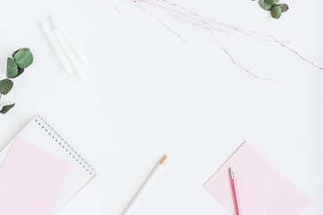 Feminine workspace with notebook, paper blank, eucalyptus branches, pencils. Business concept. Flat lay, top view