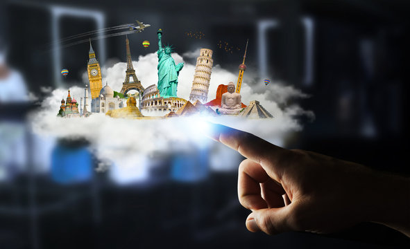 Businessman touching a cloud full of famous monuments with his finger 3D rendering