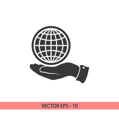 Globe icon with hand, vector illustration. Flat design style