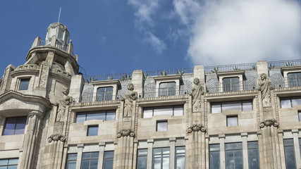 Old city hall of Porto on Avenida dos Aliados, Portugal, palace facade with statues