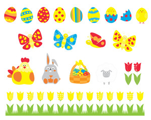 
Easter elements collection with easter eggs, basket, cute bunny , tulip, chicks / vectors set for children 