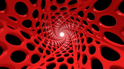 Abstract red tunnel with round holes and white light at the end of the tunnel. 3D render illustration