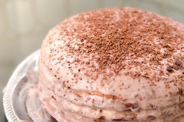 Delicious vegan chocolate cake. Selective focus.