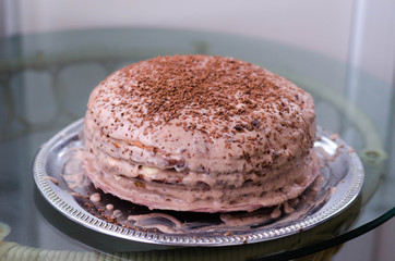 Delicious vegan chocolate cake. Selective focus.