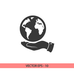 Globe icon with hand, vector illustration. Flat design style