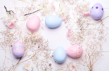 Colorful Easter eggs and flowers