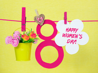 figure 8 eight a bouquet of flowers in a bucket. Happy Women's Day greeting card  