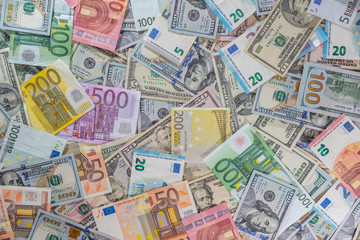 Obraz na płótnie Canvas many dollar and euro banknote as background.