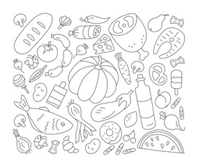 Food. Set of elements in doodle and cartoon style. Black and white