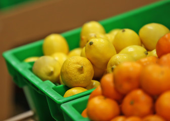 Fresh fruit in plastic boxes on market