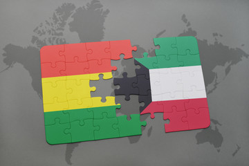 puzzle with the national flag of bolivia and kuwait on a world map