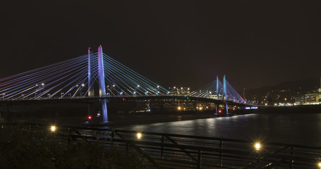 Tilikum Bridge on rainy night with lights