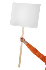 Male hand holding blank banner on wooden stick against white background