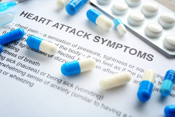 Diagnosis HEART ATTACK SYMPTOMS on medical report and medicines closeup