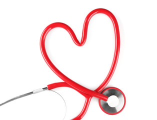 Stethoscope in shape of heart isolated on white. Cardiology concept