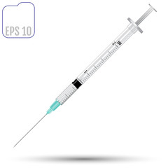 Fairly standard design single use syringe isolated over white background. Realistic vector syringe.
