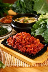 rice wrapped in greens. Jeyuk ssambap