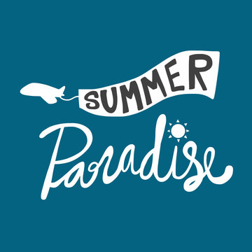 Summer paradies word and airplane with flag illustration on blue background