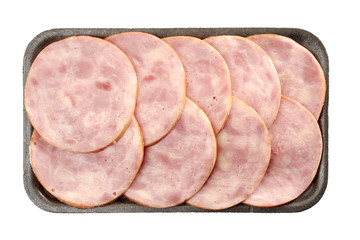 Sliced ham in retail tray on white