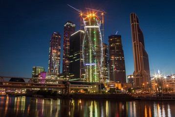 Moscow night landscape with river and moscow-city buisness center.