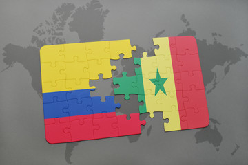 puzzle with the national flag of colombia and senegal on a world map