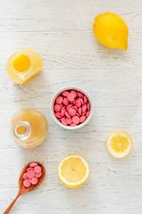 cooking lemon cake top view on wooden background