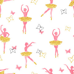 Seamless pattern with dancing ballerinas and butterflies in watercolor pink and glittering gold colors. Vector illustration. 