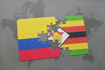 puzzle with the national flag of colombia and zimbabwe on a world map