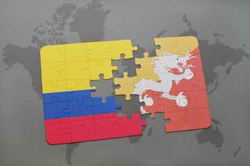 puzzle with the national flag of colombia and bhutan on a world map