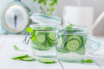 Sparkling water in jar with cucumber and mint leaves