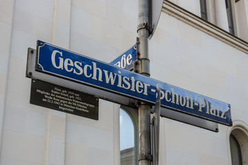 Street sign of the Geschwister-Scholl-Platz in Munich, Germany, 2015