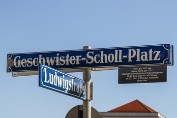 Street sign of the Geschwister-Scholl-Platz in Munich, Germany, 2015