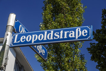 Obraz premium Street sign of the Leopoldstraße in Munich, Germany, 2015