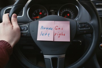 sheets of paper with a reminder where the gas, and where to brake the car