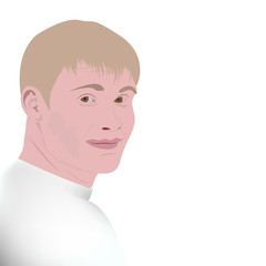 Young Man Smiling front . Icon of a man with a beautiful, fun, smile, laugh . Blonde with short hair . On a white background . The white T-shirt . Portrait of men profile . Vector