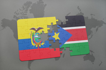 puzzle with the national flag of ecuador and south sudan on a world map