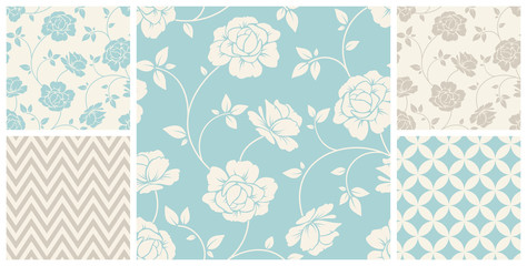 Vector set of vintage seamless floral and geometric patterns in blue and beige colors.