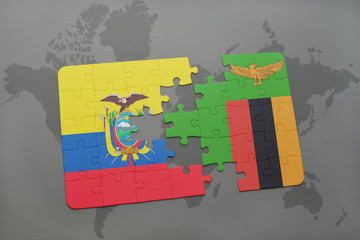 puzzle with the national flag of ecuador and zambia on a world map