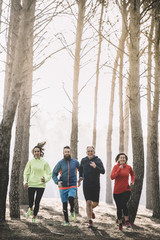 A group of athletes running in the forest.