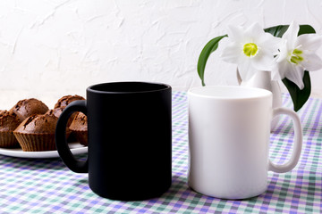 White and black mug mockup with chocolate muffins