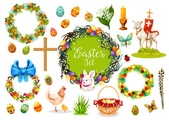 Easter holiday symbols with egg, rabbit, chicken