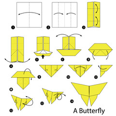 step by step instructions how to make origami A Butterfly. - obrazy, fototapety, plakaty
