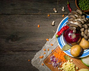 ingredients for vegetable soup. vegetables cucumber onions potatoes carrots mushrooms