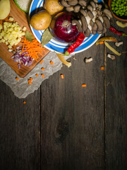 ingredients for vegetable soup. vegetables cucumber onions potatoes carrots mushrooms