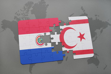 puzzle with the national flag of paraguay and northern cyprus on a world map