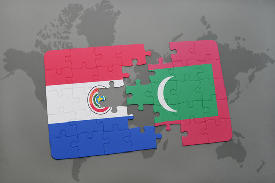 puzzle with the national flag of paraguay and maldives on a world map