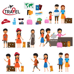 Travel and tourism infographic elements and icon set. The people travels the world with a suitcase. Trip vector flat stock design. Family travel. Father mother and son. vector illustration.