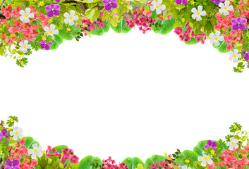 Beautiful leaves frame with flower on white background.